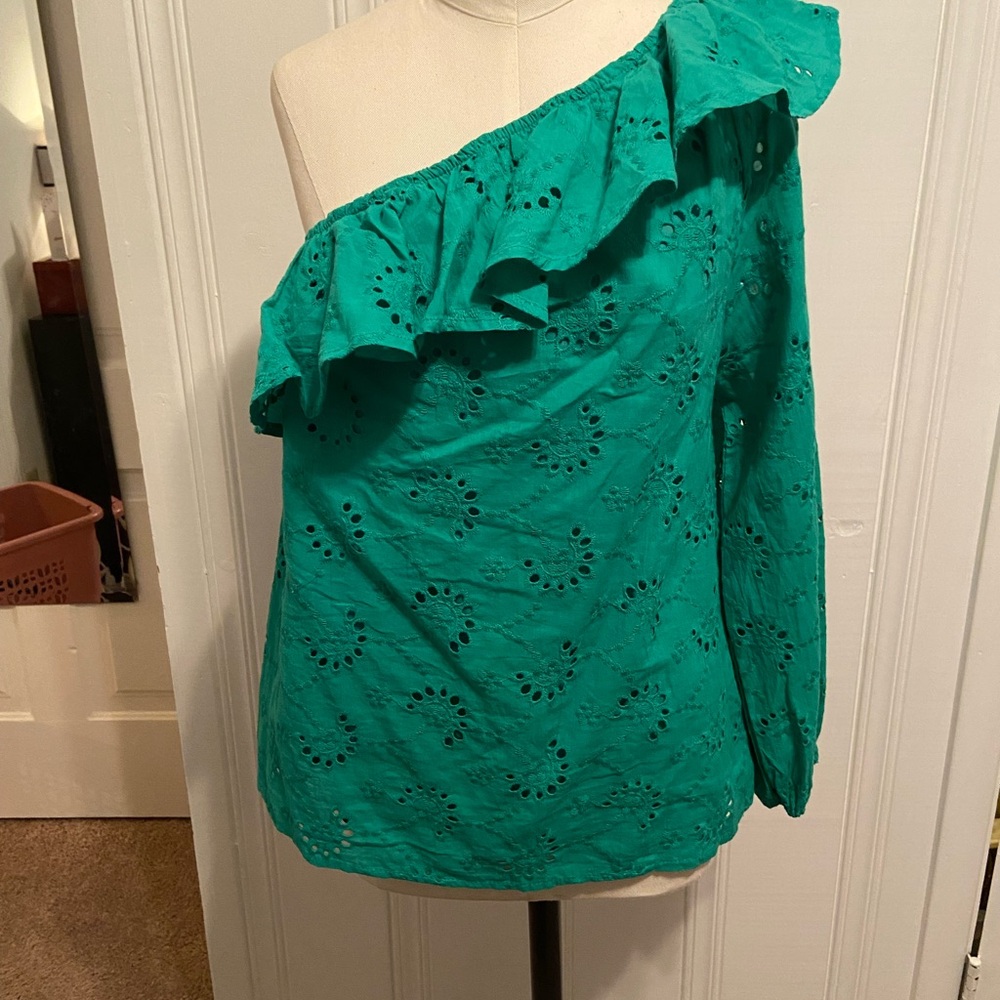 Entro Green Asymmetrical Ruffled Blouse